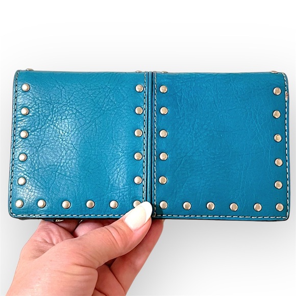 Michael Kors leather wallet, teal blue, studded 7”x4” - Picture 1 of 16